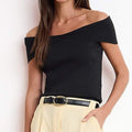 Women's off shoulder ribbed knit top with fold over collar