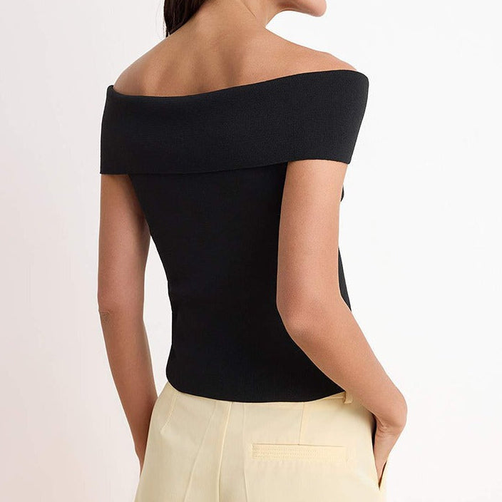Women's off shoulder ribbed knit top with fold over collar