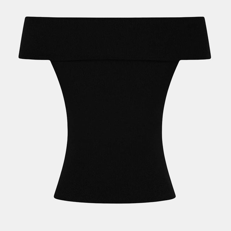 Women's off shoulder ribbed knit top with fold over collar