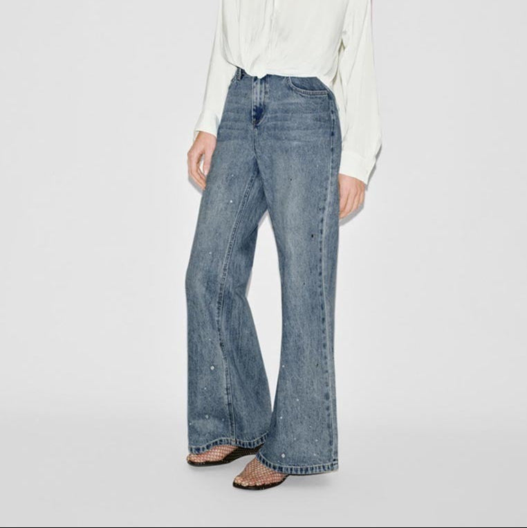 Women's rhinestone embellished kick flare jeans