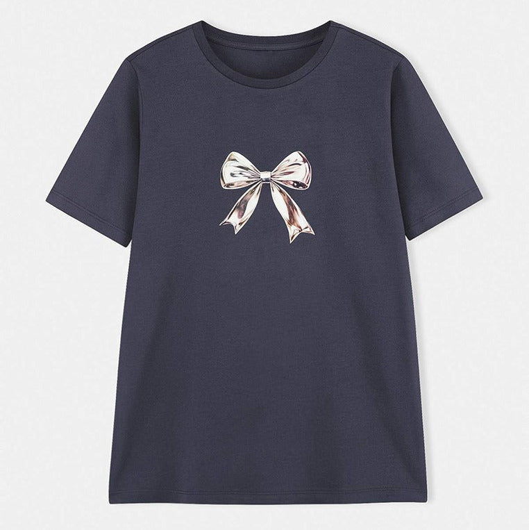 Women's short sleeve tee with metallic bow graphic