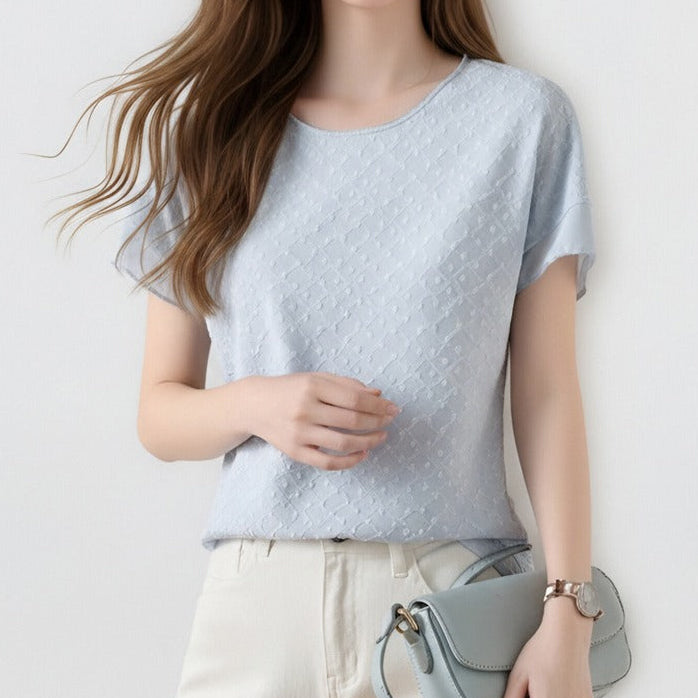 Women's textured jacquard crew neck short sleeve top