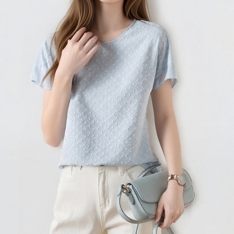 Women's textured jacquard crew neck short sleeve top